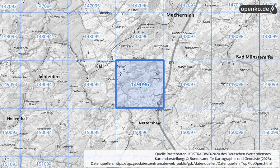 Übersichtskarte des KOSTRA-DWD-2020-Rasterfeldes Nr. 149096