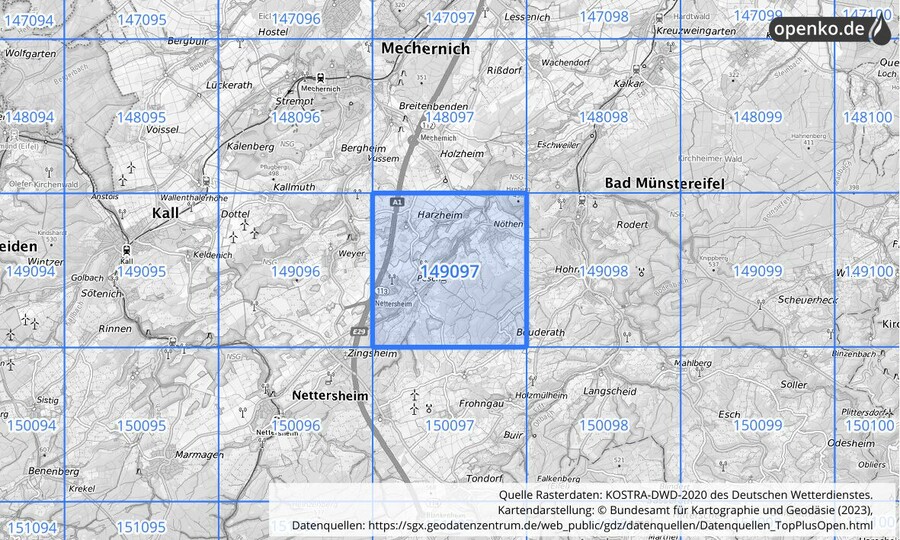 Übersichtskarte des KOSTRA-DWD-2020-Rasterfeldes Nr. 149097