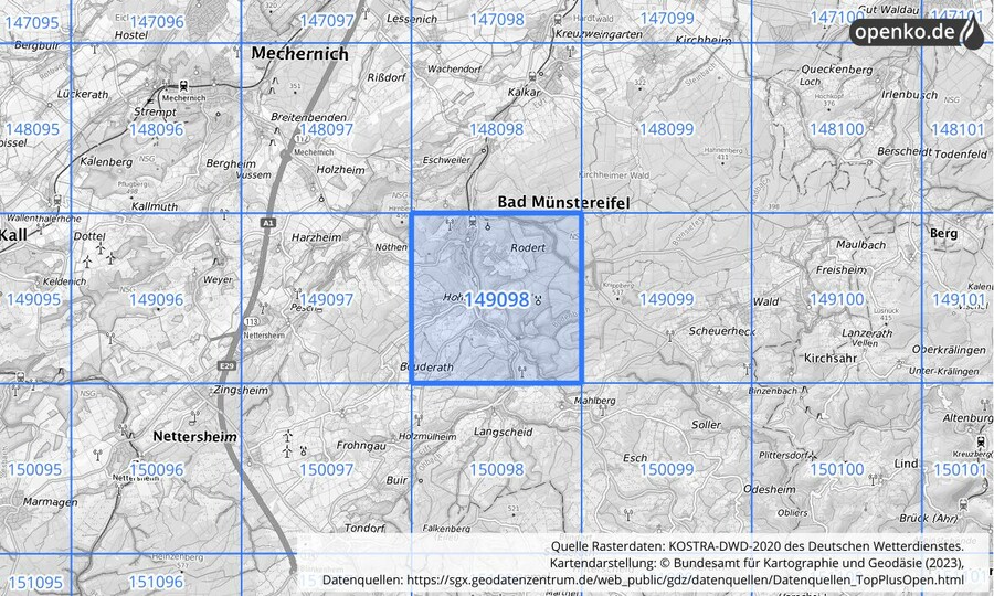 Übersichtskarte des KOSTRA-DWD-2020-Rasterfeldes Nr. 149098