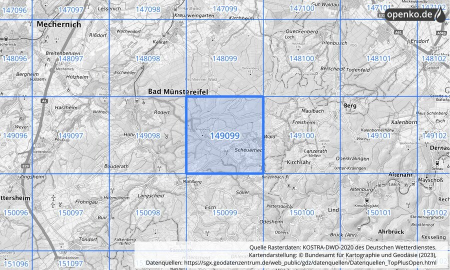 Übersichtskarte des KOSTRA-DWD-2020-Rasterfeldes Nr. 149099
