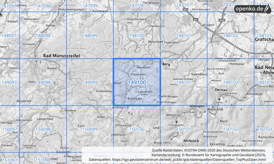 Übersichtskarte des KOSTRA-DWD-2020-Rasterfeldes Nr. 149100