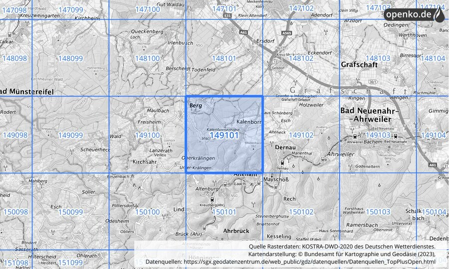 Übersichtskarte des KOSTRA-DWD-2020-Rasterfeldes Nr. 149101