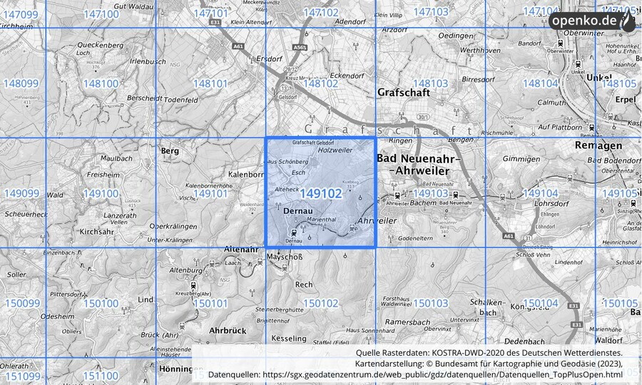 Übersichtskarte des KOSTRA-DWD-2020-Rasterfeldes Nr. 149102