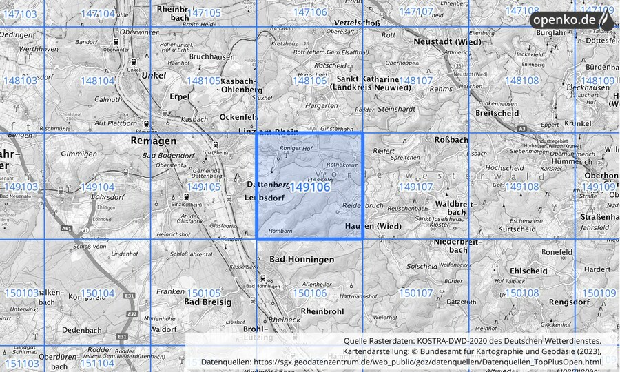 Übersichtskarte des KOSTRA-DWD-2020-Rasterfeldes Nr. 149106