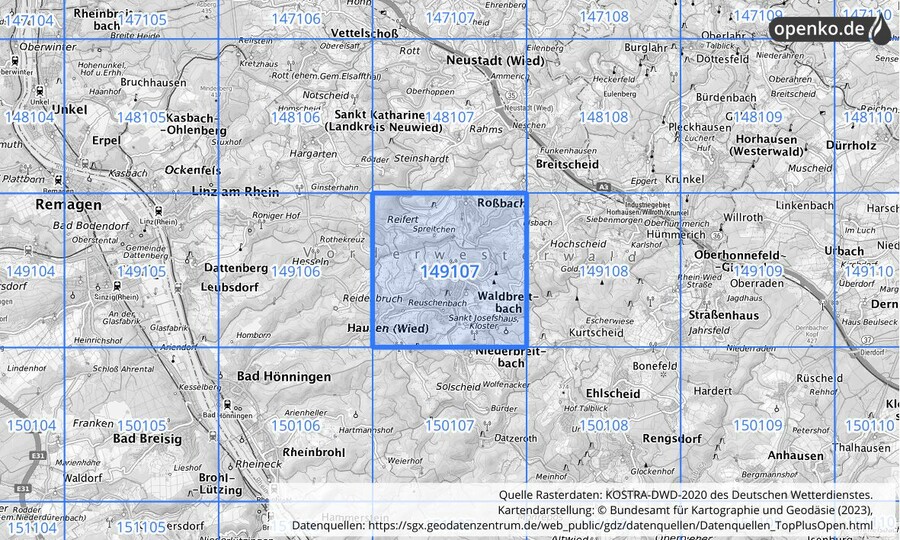Übersichtskarte des KOSTRA-DWD-2020-Rasterfeldes Nr. 149107
