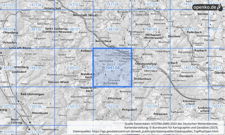 Übersichtskarte des KOSTRA-DWD-2020-Rasterfeldes Nr. 149108