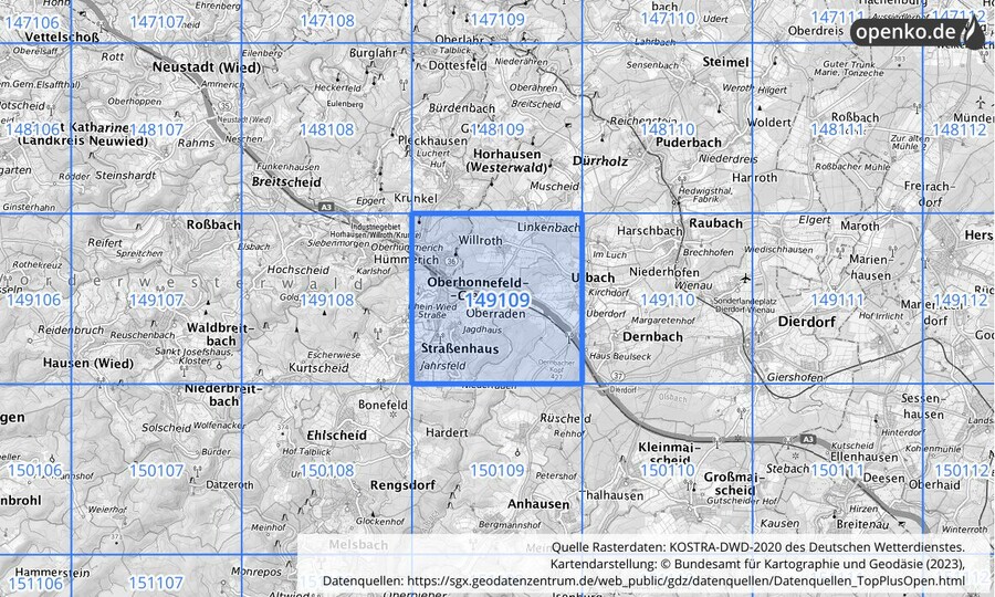 Übersichtskarte des KOSTRA-DWD-2020-Rasterfeldes Nr. 149109
