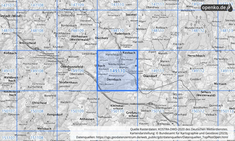 Übersichtskarte des KOSTRA-DWD-2020-Rasterfeldes Nr. 149110