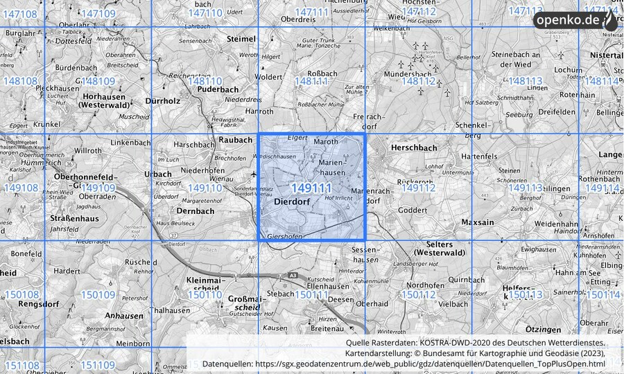 Übersichtskarte des KOSTRA-DWD-2020-Rasterfeldes Nr. 149111