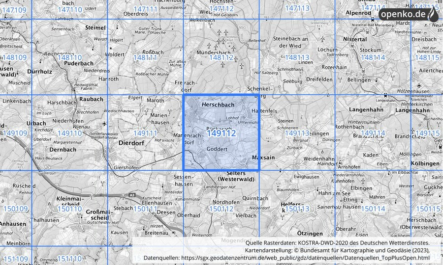 Übersichtskarte des KOSTRA-DWD-2020-Rasterfeldes Nr. 149112