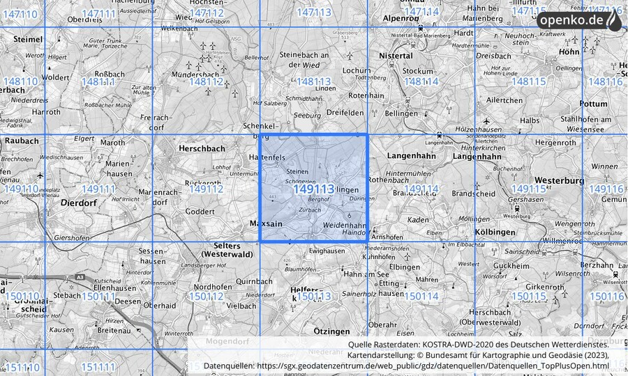 Übersichtskarte des KOSTRA-DWD-2020-Rasterfeldes Nr. 149113