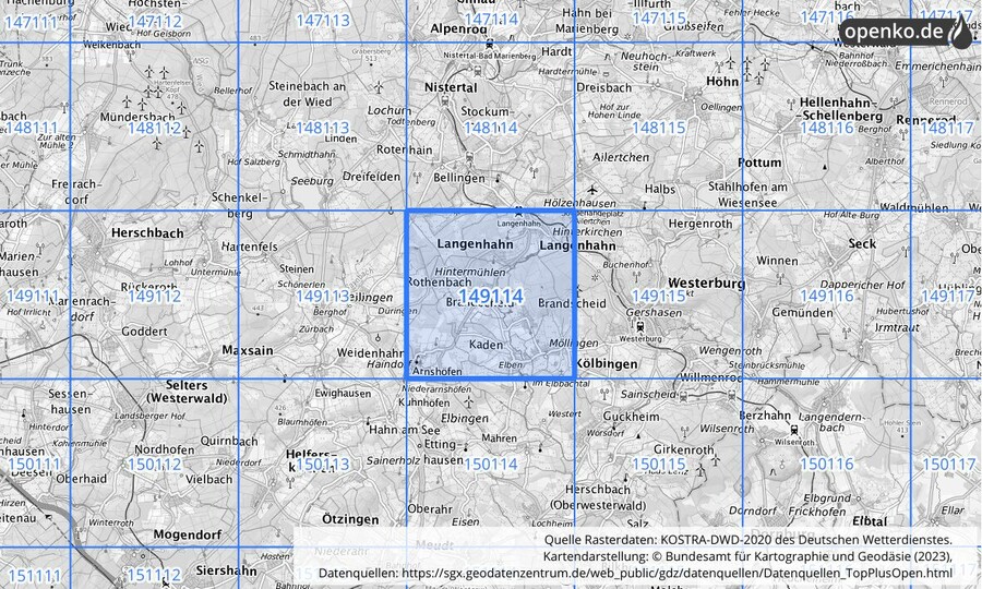 Übersichtskarte des KOSTRA-DWD-2020-Rasterfeldes Nr. 149114