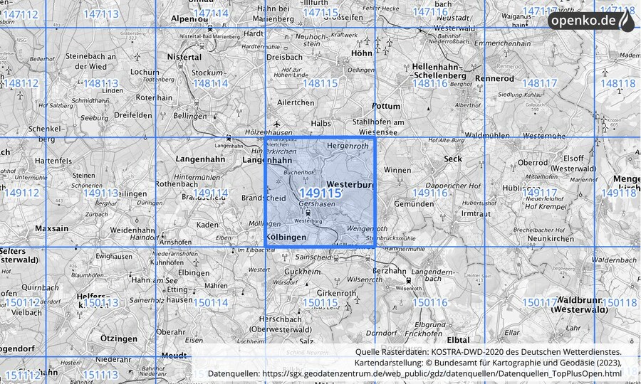 Übersichtskarte des KOSTRA-DWD-2020-Rasterfeldes Nr. 149115