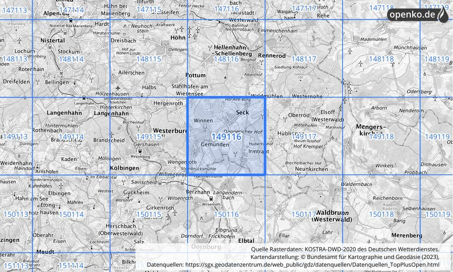 Übersichtskarte des KOSTRA-DWD-2020-Rasterfeldes Nr. 149116