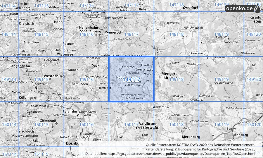 Übersichtskarte des KOSTRA-DWD-2020-Rasterfeldes Nr. 149117