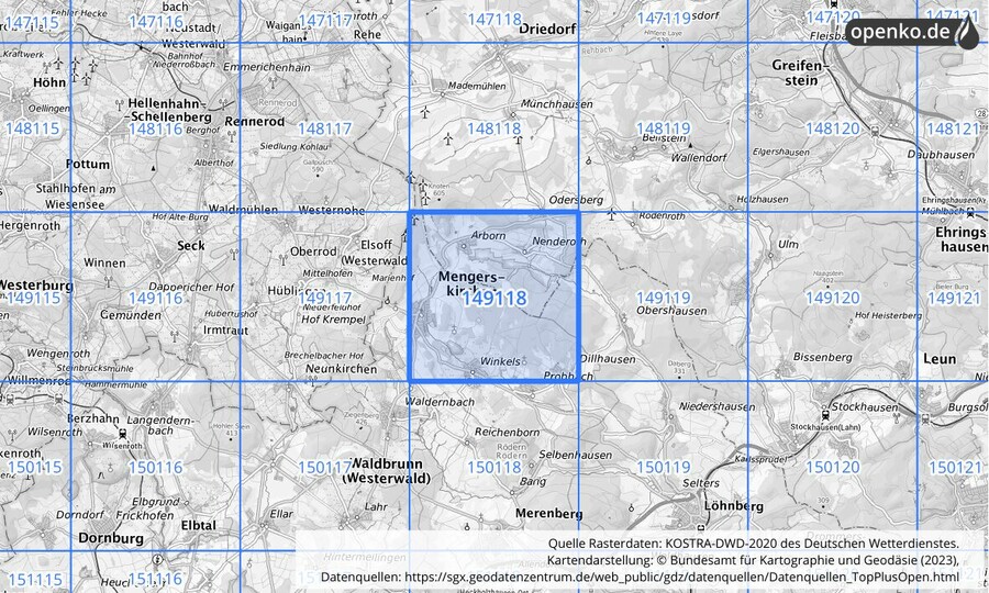 Übersichtskarte des KOSTRA-DWD-2020-Rasterfeldes Nr. 149118