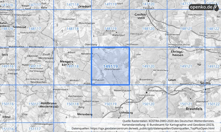 Übersichtskarte des KOSTRA-DWD-2020-Rasterfeldes Nr. 149119