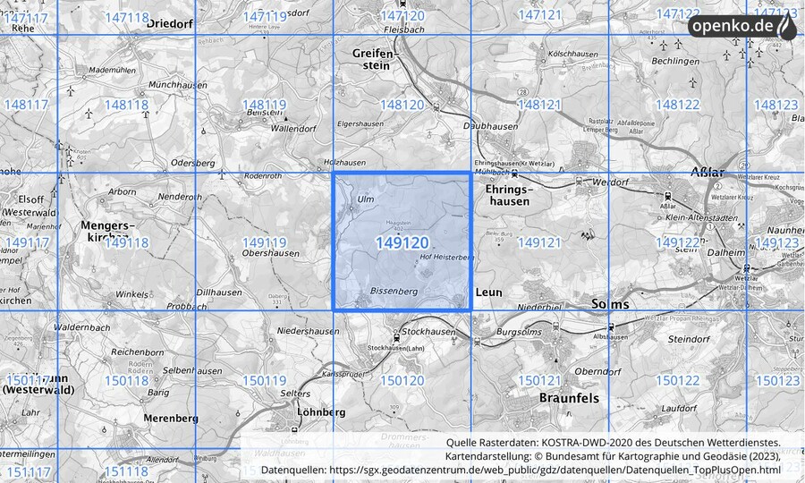 Übersichtskarte des KOSTRA-DWD-2020-Rasterfeldes Nr. 149120