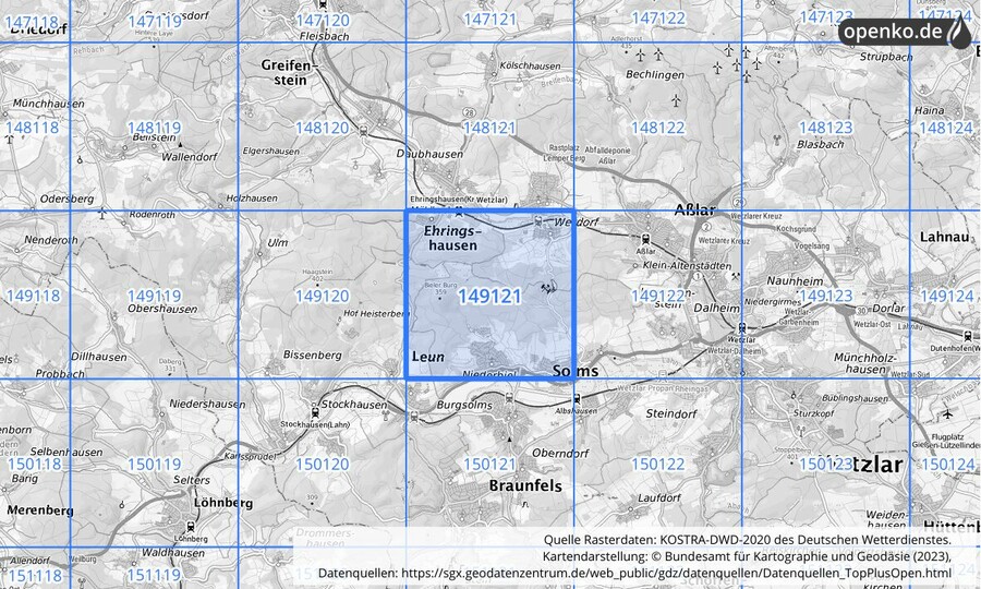 Übersichtskarte des KOSTRA-DWD-2020-Rasterfeldes Nr. 149121