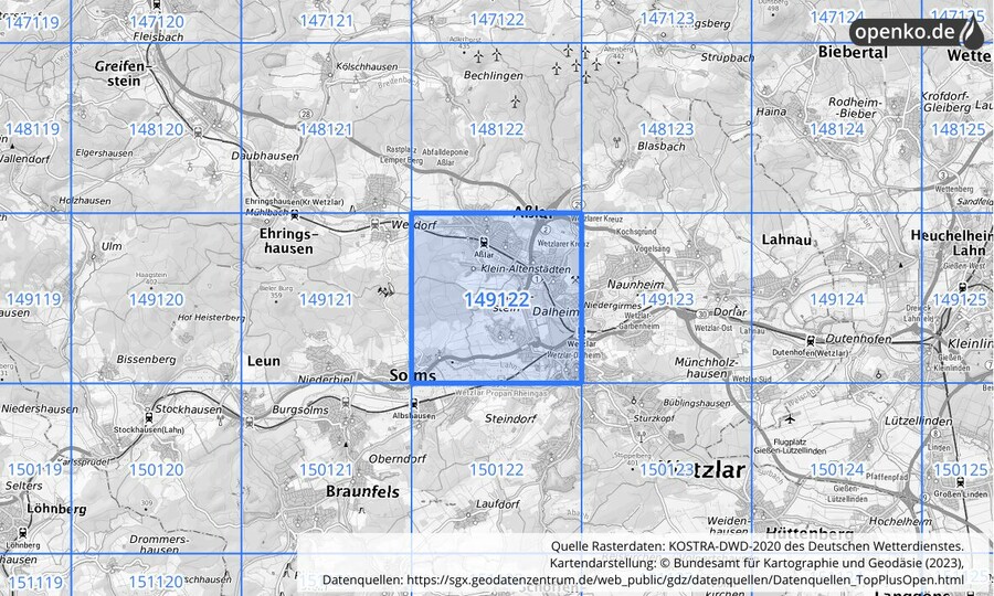 Übersichtskarte des KOSTRA-DWD-2020-Rasterfeldes Nr. 149122