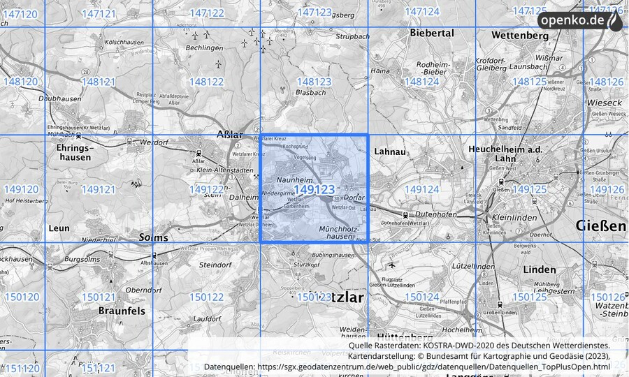 Übersichtskarte des KOSTRA-DWD-2020-Rasterfeldes Nr. 149123