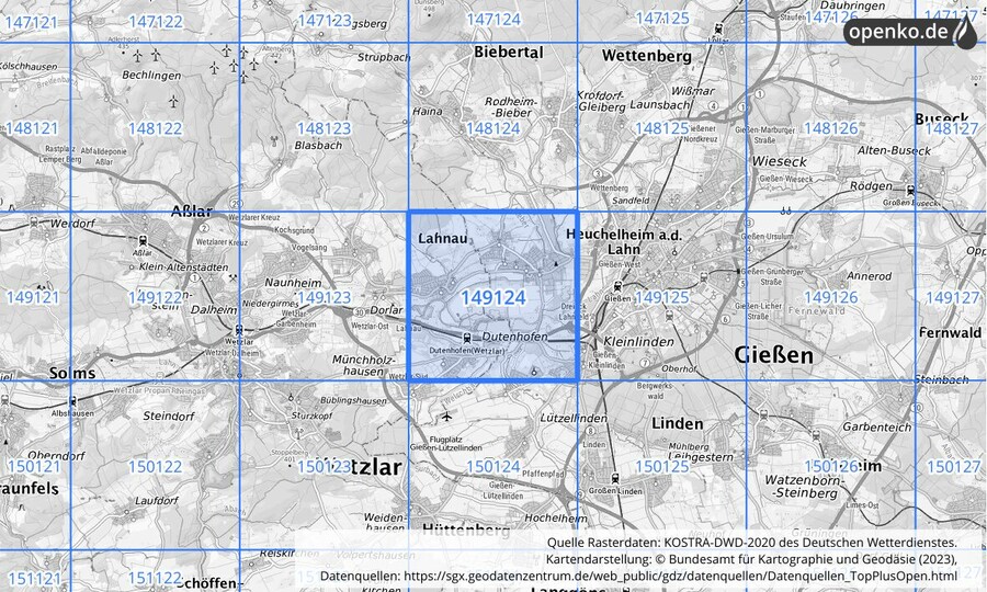 Übersichtskarte des KOSTRA-DWD-2020-Rasterfeldes Nr. 149124