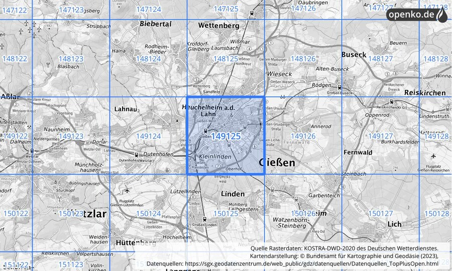 Übersichtskarte des KOSTRA-DWD-2020-Rasterfeldes Nr. 149125