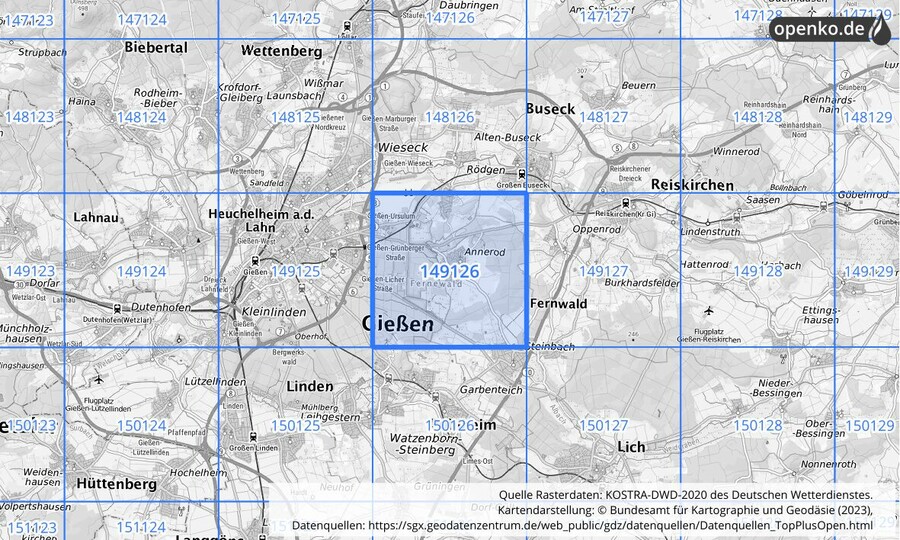 Übersichtskarte des KOSTRA-DWD-2020-Rasterfeldes Nr. 149126