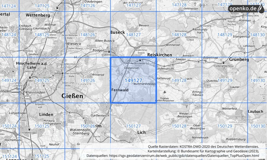 Übersichtskarte des KOSTRA-DWD-2020-Rasterfeldes Nr. 149127