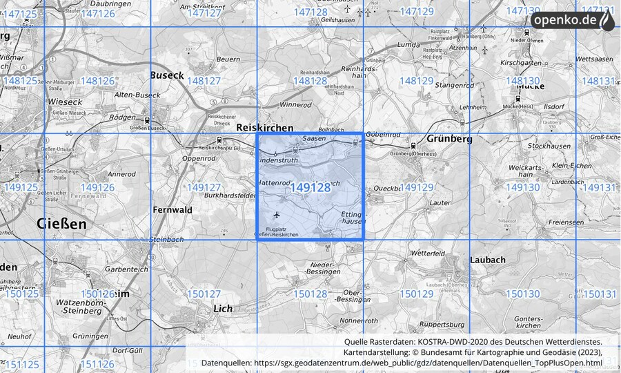 Übersichtskarte des KOSTRA-DWD-2020-Rasterfeldes Nr. 149128