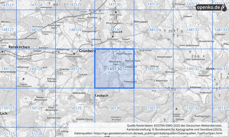 Übersichtskarte des KOSTRA-DWD-2020-Rasterfeldes Nr. 149130