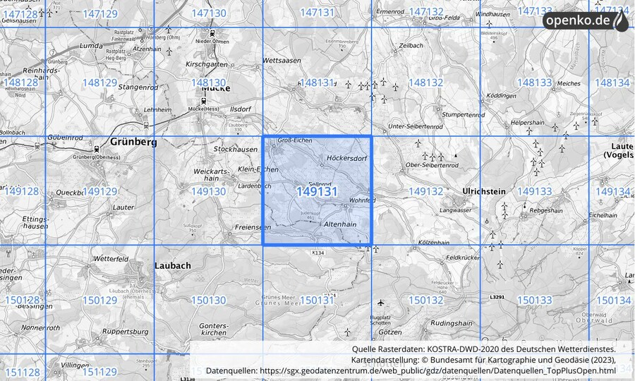 Übersichtskarte des KOSTRA-DWD-2020-Rasterfeldes Nr. 149131