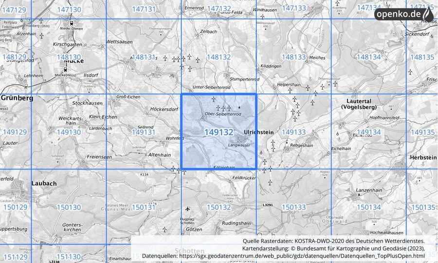 Übersichtskarte des KOSTRA-DWD-2020-Rasterfeldes Nr. 149132