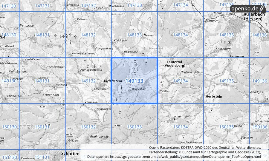 Übersichtskarte des KOSTRA-DWD-2020-Rasterfeldes Nr. 149133