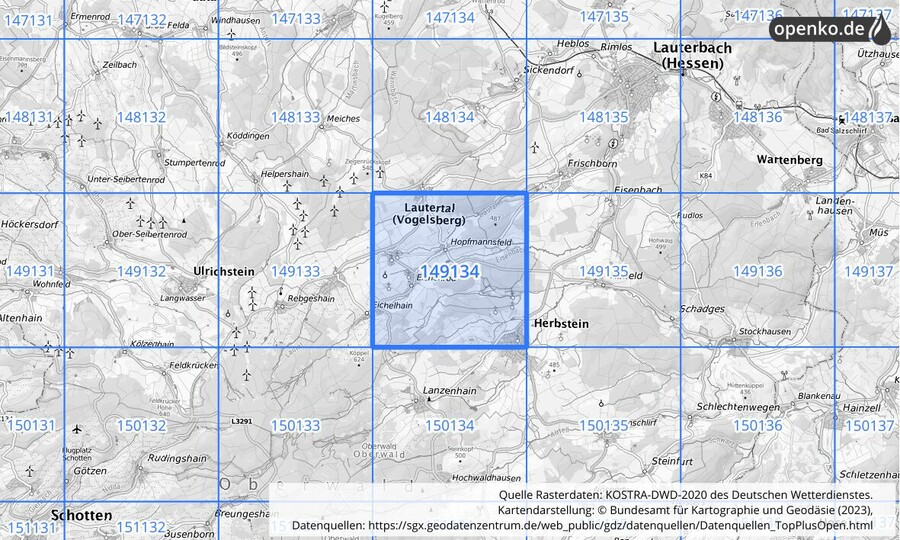 Übersichtskarte des KOSTRA-DWD-2020-Rasterfeldes Nr. 149134