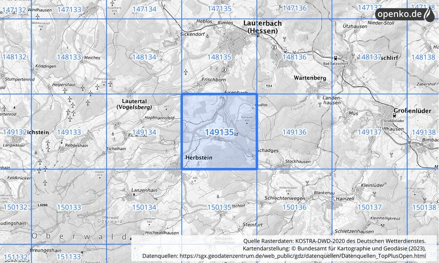 Übersichtskarte des KOSTRA-DWD-2020-Rasterfeldes Nr. 149135