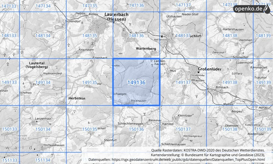 Übersichtskarte des KOSTRA-DWD-2020-Rasterfeldes Nr. 149136