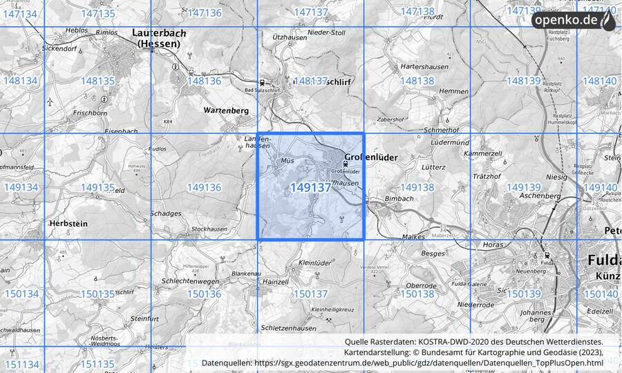 Übersichtskarte des KOSTRA-DWD-2020-Rasterfeldes Nr. 149137