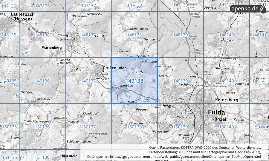 Übersichtskarte des KOSTRA-DWD-2020-Rasterfeldes Nr. 149138