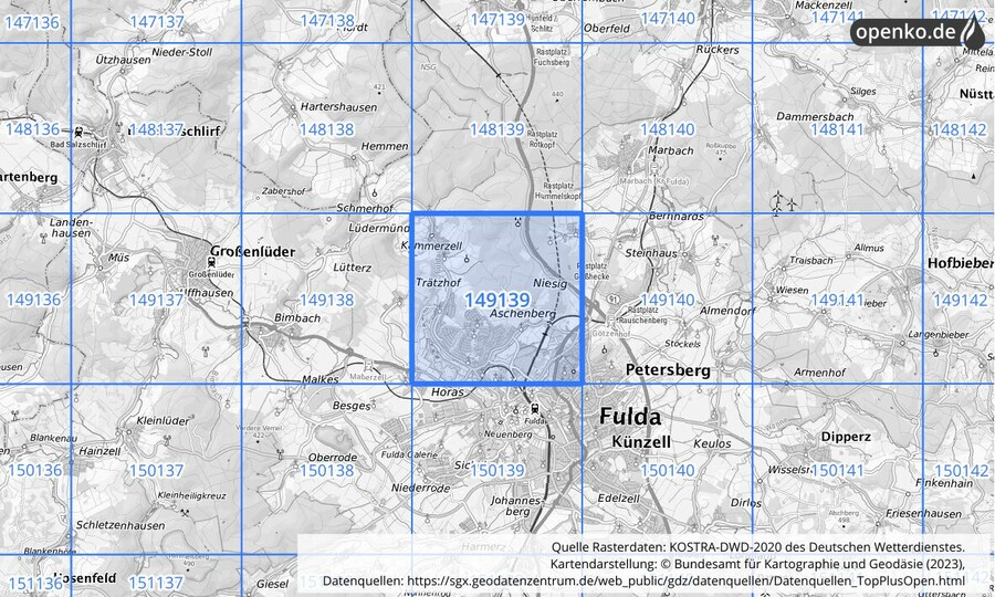 Übersichtskarte des KOSTRA-DWD-2020-Rasterfeldes Nr. 149139