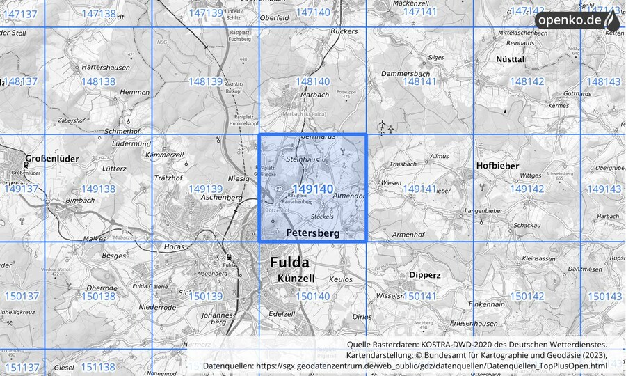 Übersichtskarte des KOSTRA-DWD-2020-Rasterfeldes Nr. 149140