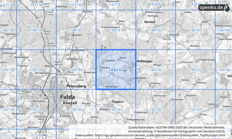 Übersichtskarte des KOSTRA-DWD-2020-Rasterfeldes Nr. 149141