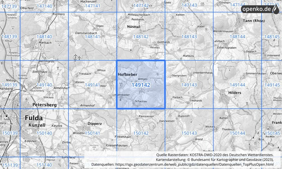 Übersichtskarte des KOSTRA-DWD-2020-Rasterfeldes Nr. 149142