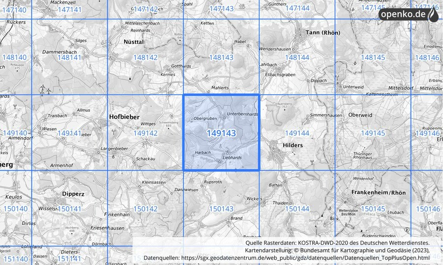 Übersichtskarte des KOSTRA-DWD-2020-Rasterfeldes Nr. 149143