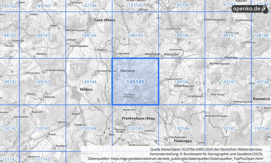 Übersichtskarte des KOSTRA-DWD-2020-Rasterfeldes Nr. 149145