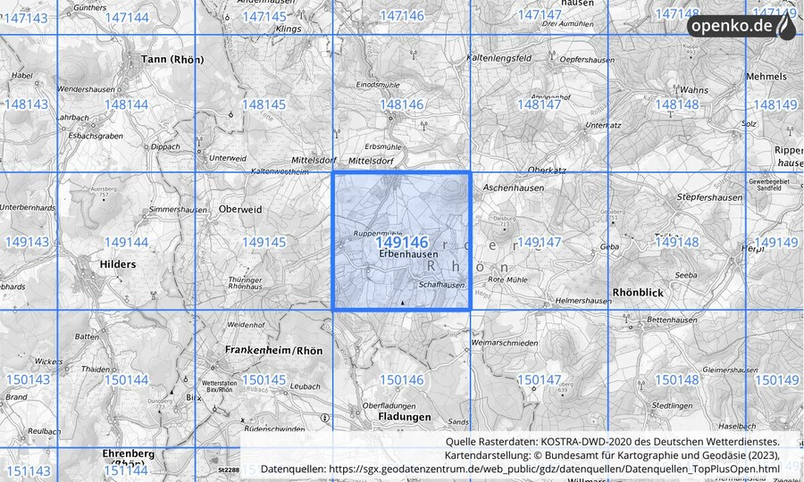 Übersichtskarte des KOSTRA-DWD-2020-Rasterfeldes Nr. 149146