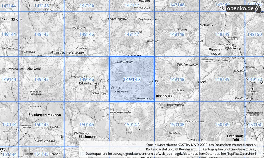 Übersichtskarte des KOSTRA-DWD-2020-Rasterfeldes Nr. 149147