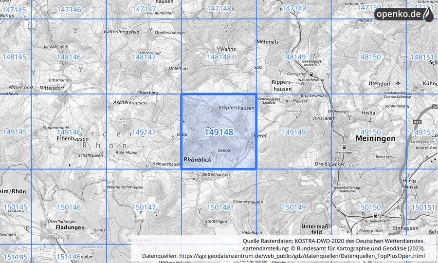 Übersichtskarte des KOSTRA-DWD-2020-Rasterfeldes Nr. 149148