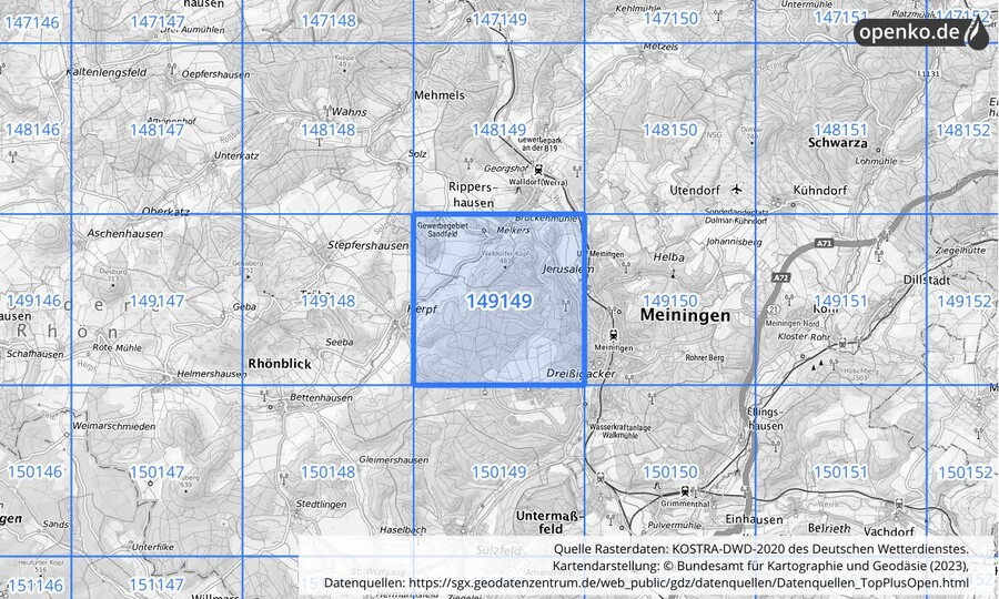 Übersichtskarte des KOSTRA-DWD-2020-Rasterfeldes Nr. 149149