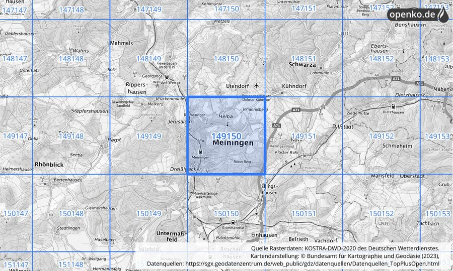 Übersichtskarte des KOSTRA-DWD-2020-Rasterfeldes Nr. 149150